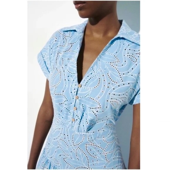 ZARA Embroidered Eyelet Lace Dress Light Blue White Tiered Midi Summer X-Small - Picture 6 of 16